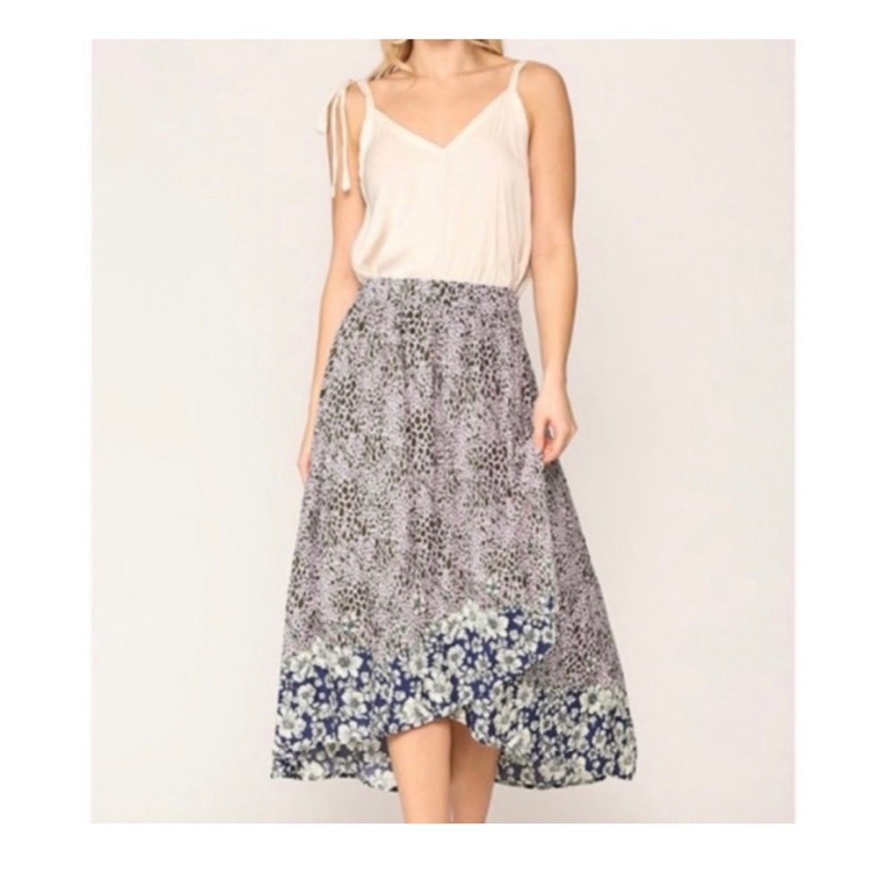 Mixed Print Faux Wrap Skirt